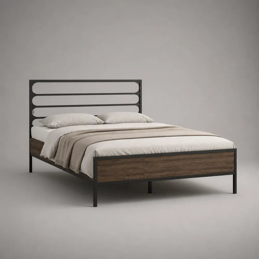 Letto matrimoniale 160 x 200 cm struttura in legno ingegnerizzato e acciaio colore rovere scuro e nero testiera in metallo a doghe orizzontali