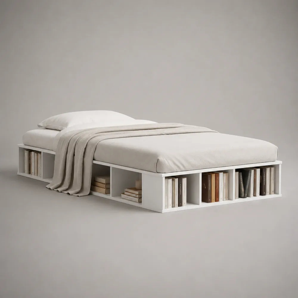 Letto matrimoniale 160 x 200 cm con libreria integrata struttura in MDF melaminico bianco e vani a giorno laterali struttura rettangolare a piattaforma