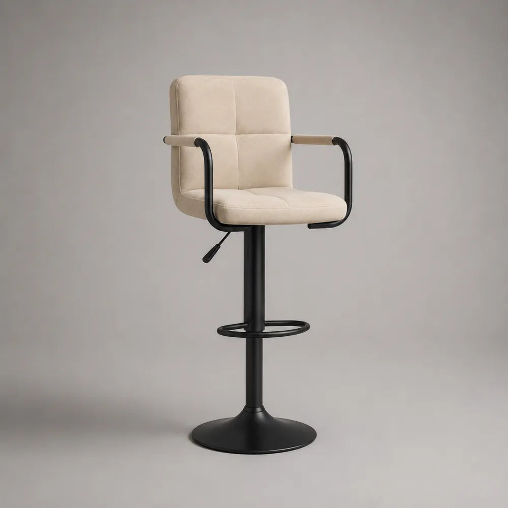 Sgabello da bar regolabile 52 cm 50 cm 88-108 cm con braccioli e schienale in tessuto beige struttura in acciaio nero con poggiapiedi forma rettangolare