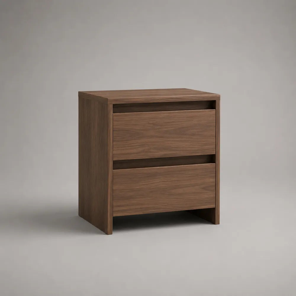 Comodino 45x40x50 cm in legno effetto noce con vano aperto superiore e due cassetti forma rettangolare