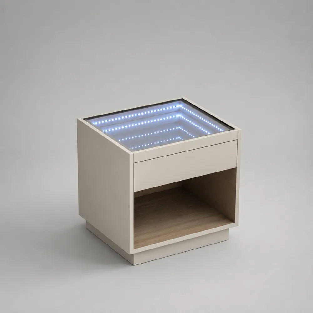 Comodino 50 cm 40 cm 45 cm con cassetto vano aperto piano in vetro temperato con illuminazione LED colore crema legno chiaro struttura MDF e pannelli truciolari