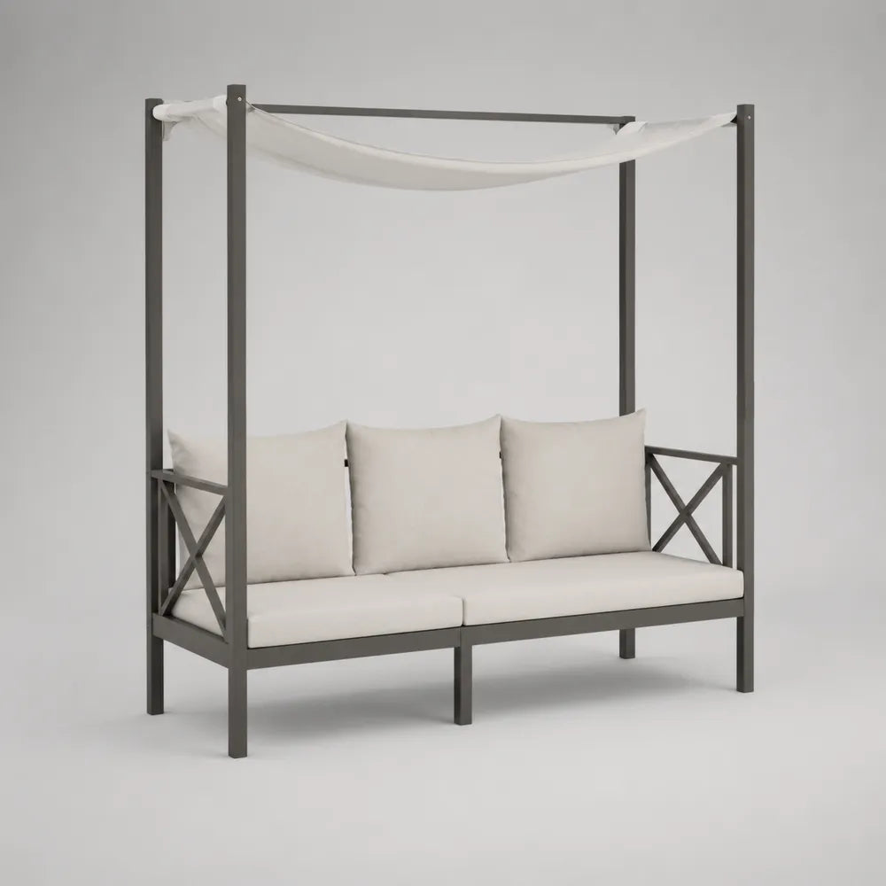 Divano da giardino a 3 posti con pergola e tenda superiore in acciaio verniciato grigio scuro con cuscini beige dimensioni 200 cm x 120 cm x 200 cm