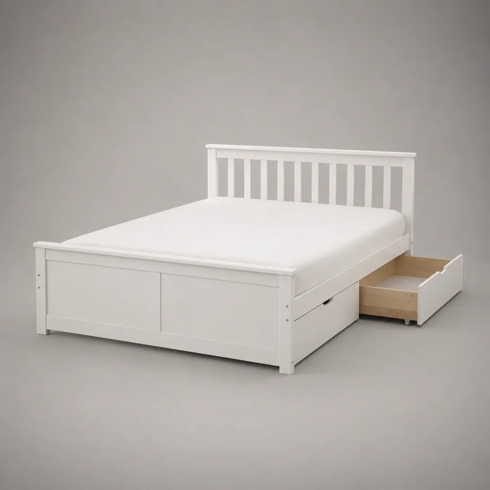 Letto matrimoniale 160x200 cm struttura in MDF bianco con rete a doghe e cassetto laterale in legno forma rettangolare