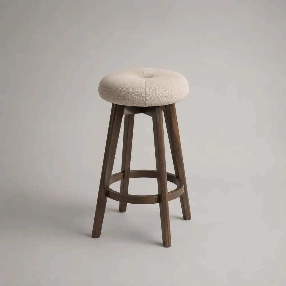 Sgabello da bar 35 cm 35 cm 65 cm seduta rotonda imbottita in tessuto poliestere struttura in legno massello con poggiapiedi circolare colore beige e marrone