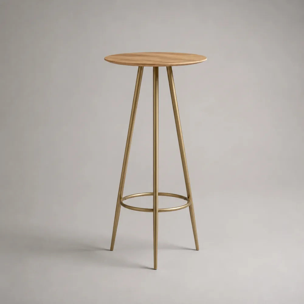 Tavolo alto da bar rotondo diametro 60 cm altezza 105 cm piano MDF effetto rovere gambe acciaio verniciato ottone con anello poggiapiedi forma circolare