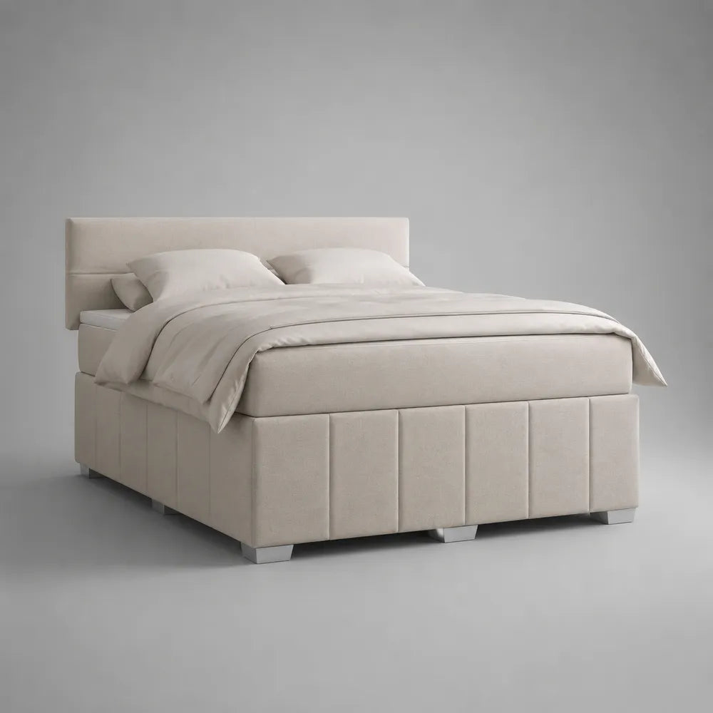 Letto matrimoniale 160 x 200 cm struttura imbottita in MDF rivestimento in microfibra di poliestere beige testiera e giroletto imbottiti con gambe in metallo