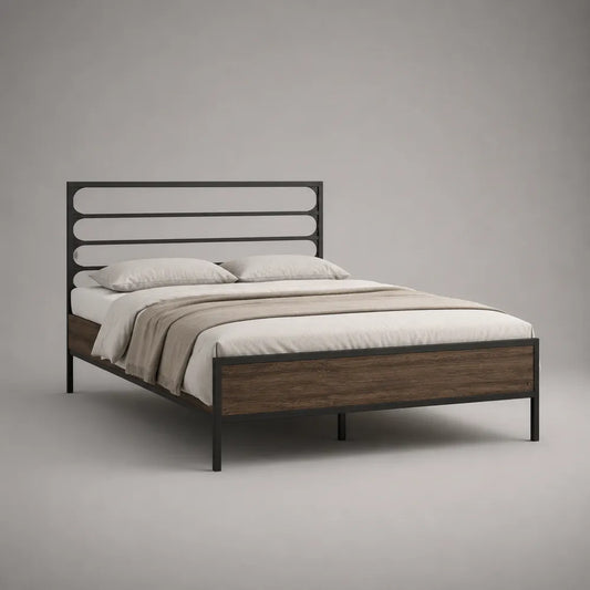 Letto matrimoniale 160 x 200 cm struttura in legno ingegnerizzato e acciaio colore rovere scuro e nero testiera in metallo a doghe orizzontali