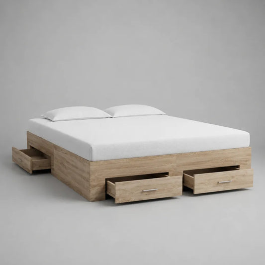 Letto contenitore matrimoniale 160 x 200 cm in legno effetto rovere chiaro con cassetti frontali e laterali struttura rettangolare