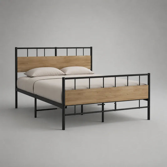 Letto matrimoniale 160 x 200 cm struttura a piattaforma in legno ingegnerizzato effetto rovere chiaro e metallo nero con testiera a barre orizzontali