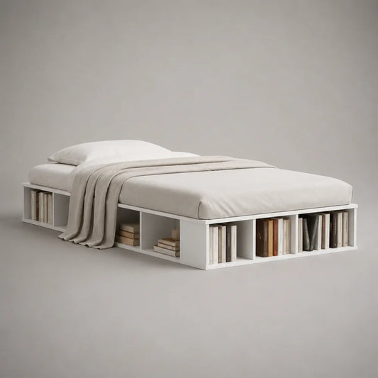 Letto matrimoniale 160 x 200 cm con libreria integrata struttura in MDF melaminico bianco e vani a giorno laterali struttura rettangolare a piattaforma