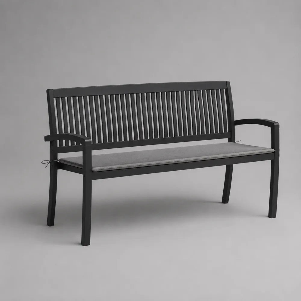 Panca da giardino in acciaio verniciato nero con schienale a doghe verticali e cuscino grigio dimensioni 130 cm x 60 cm x 80 cm