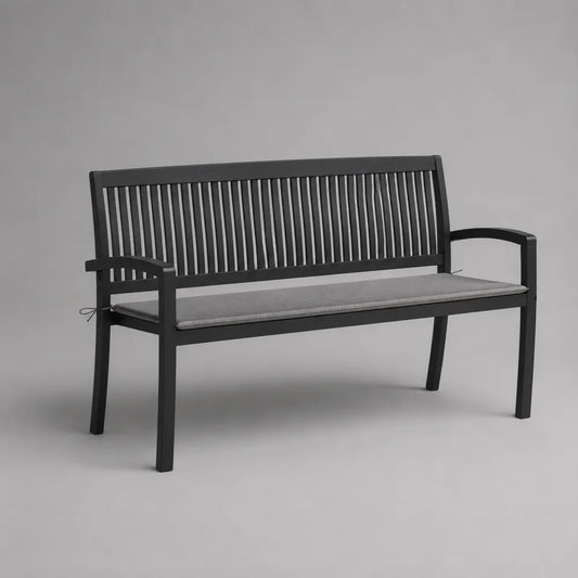 Panca da giardino in acciaio verniciato nero con schienale a doghe verticali e cuscino grigio dimensioni 130 cm x 60 cm x 80 cm