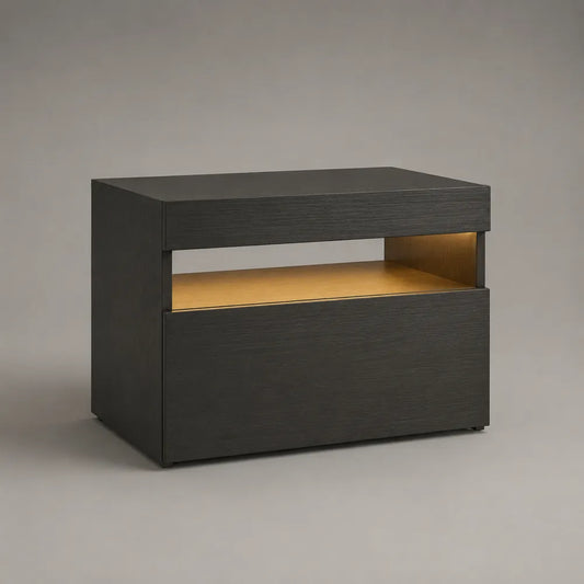 Comodino 50 x 40 x 50 cm in MDF nero con 2 cassetti frontali e vano aperto con illuminazione LED laterale integrata