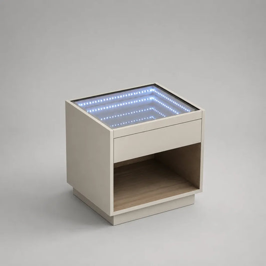 Comodino 50 cm 40 cm 45 cm con cassetto vano aperto piano in vetro temperato con illuminazione LED colore crema legno chiaro struttura MDF e pannelli truciolari