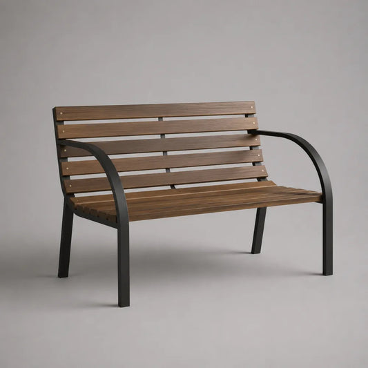 Panca da giardino 120x60x80 cm in legno massello con struttura in metallo nero seduta a doghe forma rettangolare