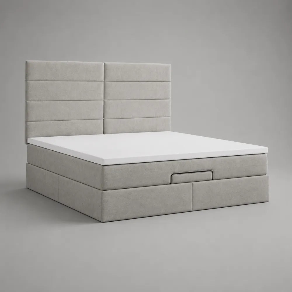 Letto contenitore matrimoniale 160 x 200 cm imbottito in tessuto colore grigio chiaro con cassetti frontali e testiera a pannelli struttura rettangolare