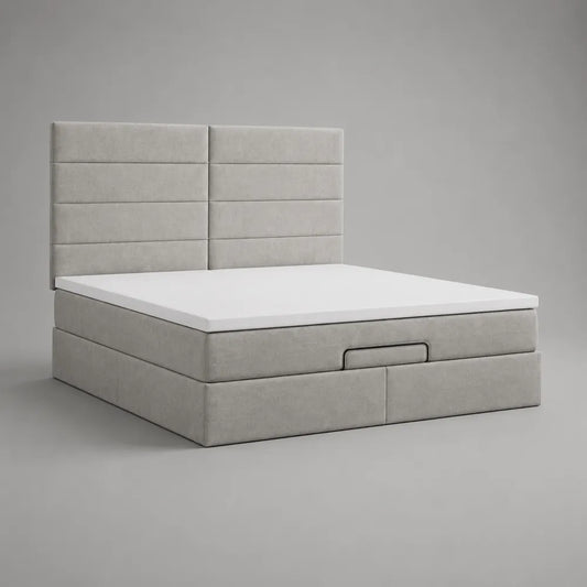 Letto contenitore matrimoniale 160 x 200 cm imbottito in tessuto colore grigio chiaro con cassetti frontali e testiera a pannelli struttura rettangolare