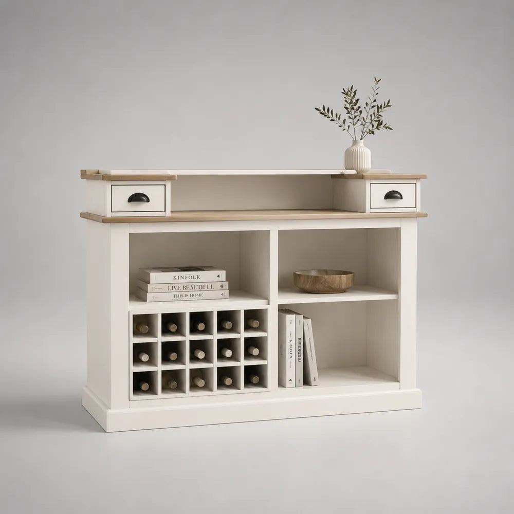 Mobile bar 120 cm 40 cm 90 cm in MDF e pannelli truciolari con portabottiglie integrato cassetti superiori e ripiani aperti finitura bianco e rovere chiaro