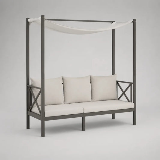 Divano da giardino a 3 posti con pergola e tenda superiore in acciaio verniciato grigio scuro con cuscini beige dimensioni 200 cm x 120 cm x 200 cm