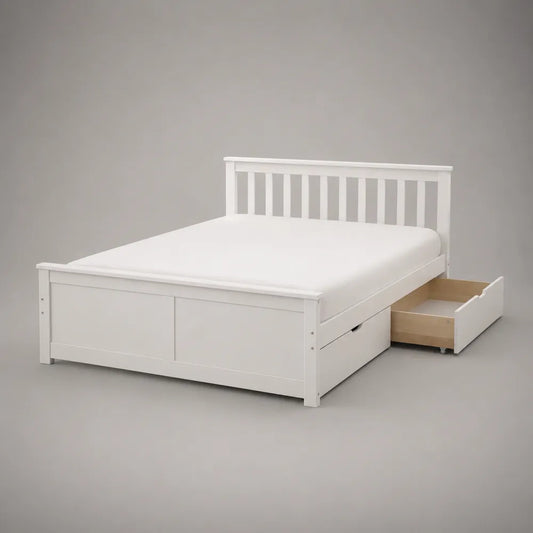 Letto matrimoniale 160x200 cm struttura in MDF bianco con rete a doghe e cassetto laterale in legno forma rettangolare