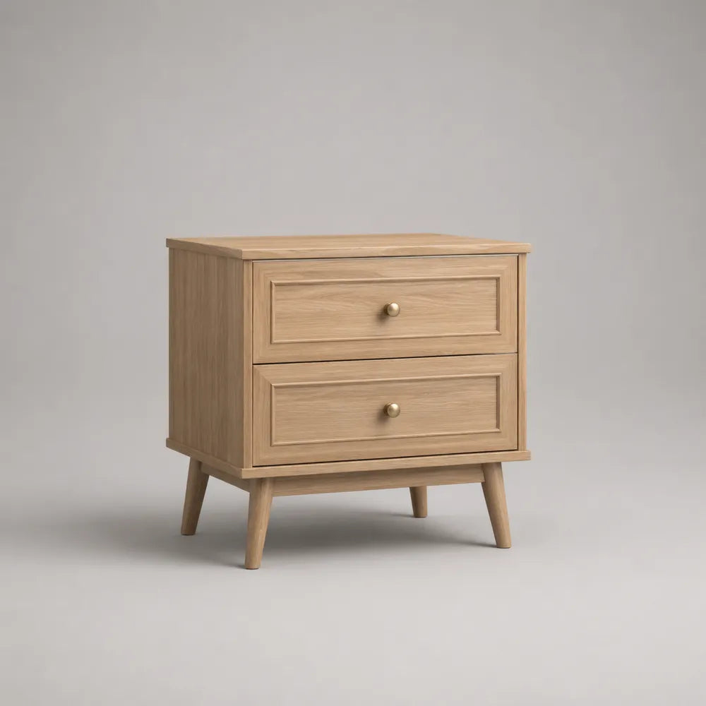 Comodino 45 x 40 x 55 cm in MDF impiallacciato rovere naturale con 2 cassetti e gambe in legno massello