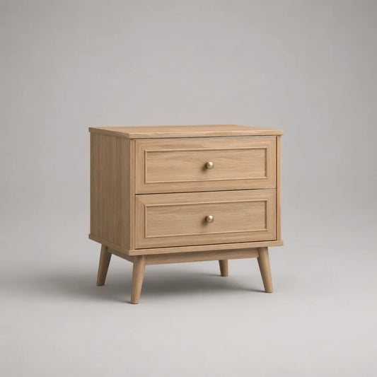 Comodino 45 x 40 x 55 cm in MDF impiallacciato rovere naturale con 2 cassetti e gambe in legno massello