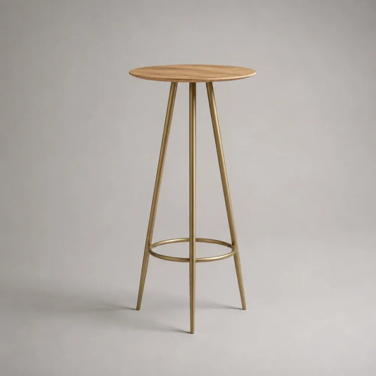 Tavolo alto da bar rotondo diametro 60 cm altezza 105 cm piano MDF effetto rovere gambe acciaio verniciato ottone con anello poggiapiedi forma circolare
