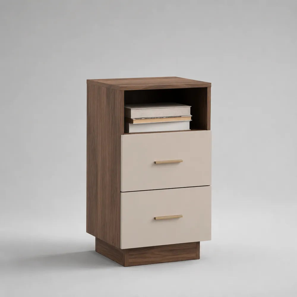 Comodino 45 x 40 x 55 cm in MDF effetto noce con 2 cassetti frontali beige e vano a giorno superiore struttura rettangolare